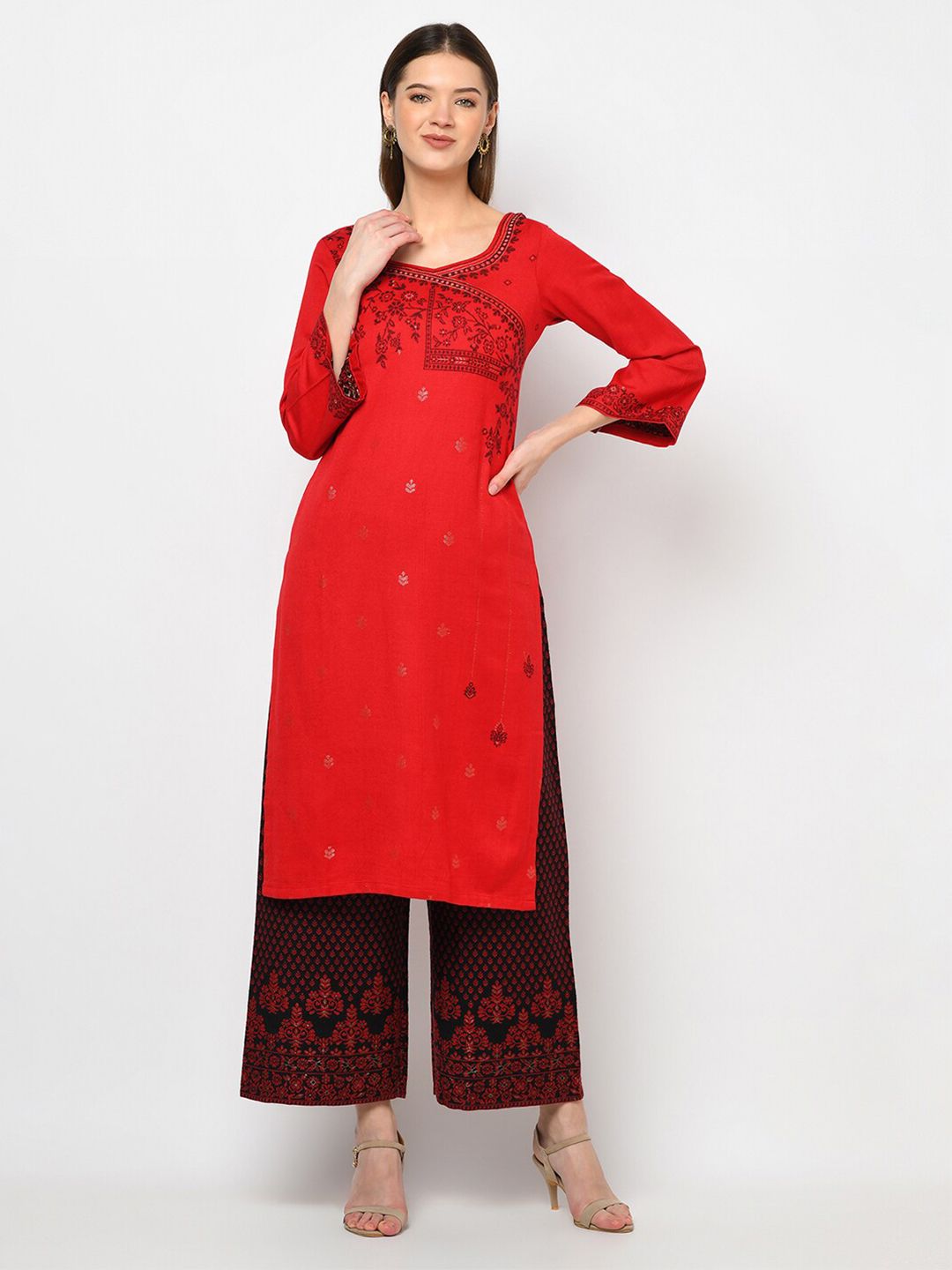 Safaa Red & Black Viscose Rayon Unstitched Dress Material Price in India