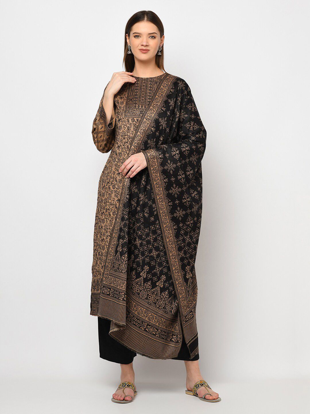 Safaa Brown & Black Viscose Rayon Unstitched Dress Material Price in India