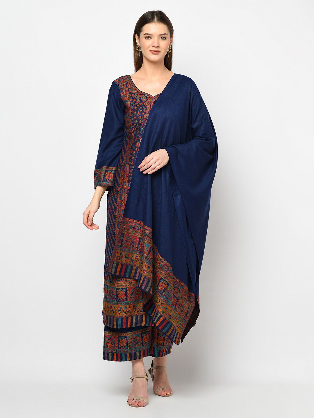 Safaa Navy Blue & Brown Woven Design Viscose Rayon Unstitched Dress Material Price in India