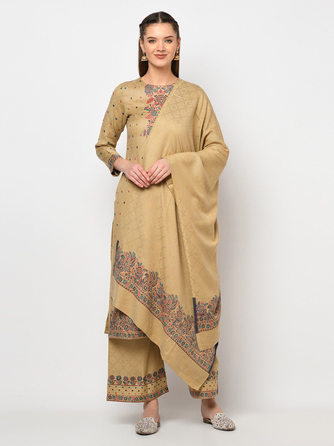 Safaa Brown & Green Woven Design Acro wool Unstitched Dress Material Price in India