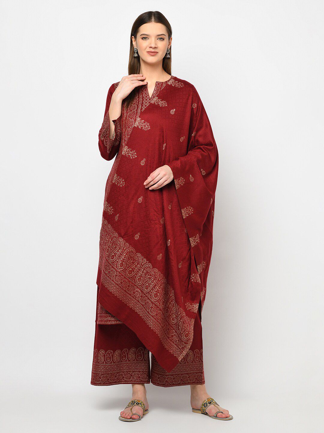 Safaa Maroon & Gold-Toned Viscose Rayon Unstitched Dress Material Price in India