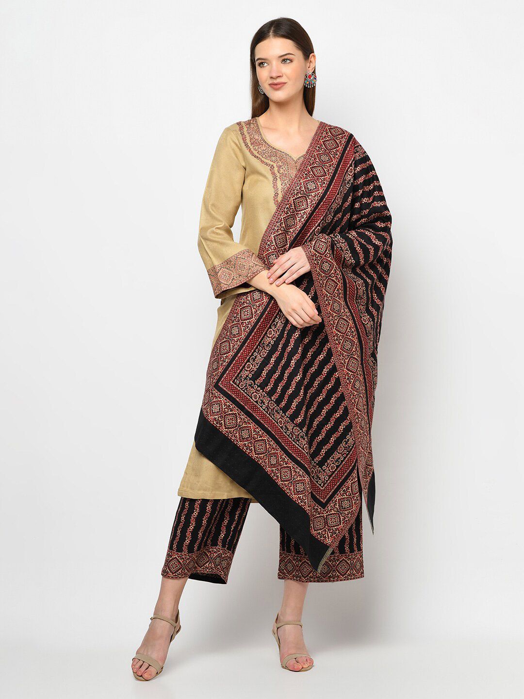 Safaa Camel Brown & Black Woven Design Viscose Rayon Unstitched Dress Material Price in India