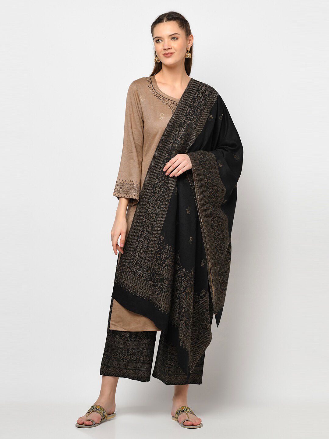 Safaa Brown & Black Woven Design Acro Wool Unstitched Dress Material Price in India