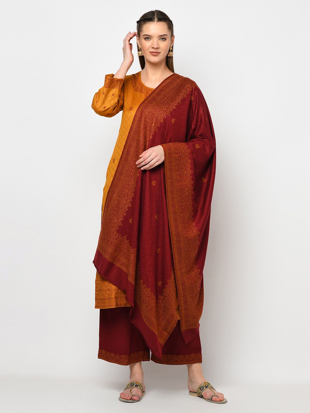 Safaa Mustard & Maroon Woven Design Viscose Rayon Unstitched Dress Material Price in India