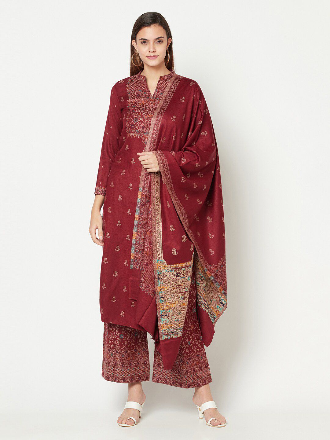 Safaa Maroon & Gold-Toned Woven Design Acro Wool Unstitched Dress Material Price in India