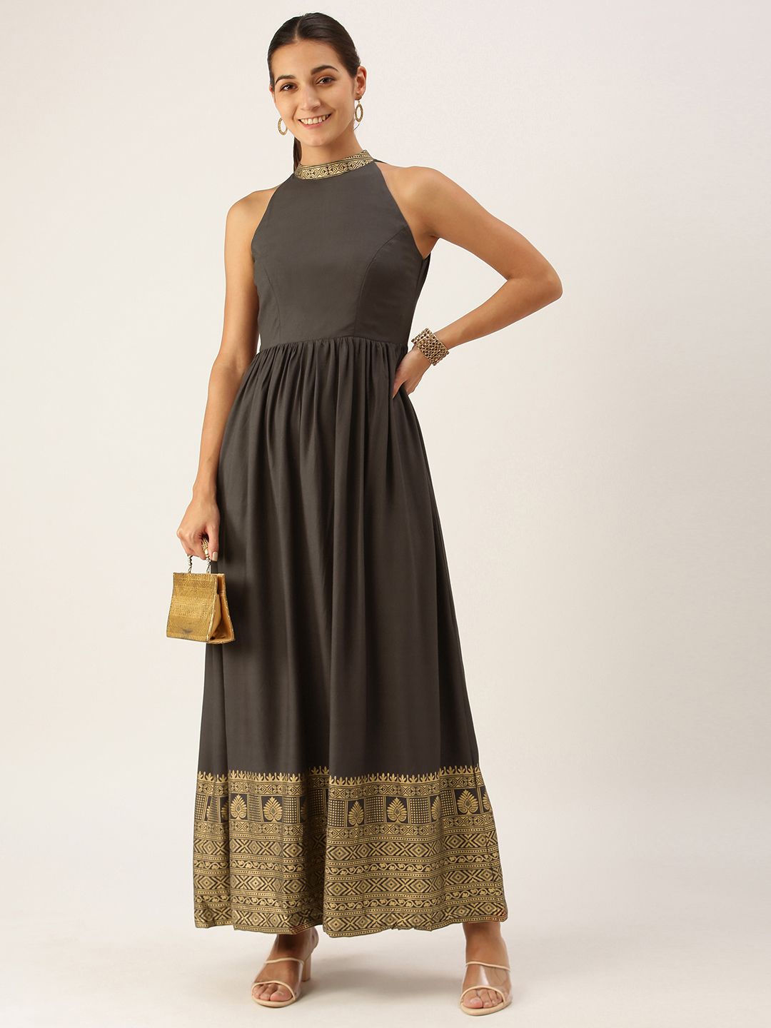 EthnoVogue Black Ethnic Motifs Maxi Dress Price in India