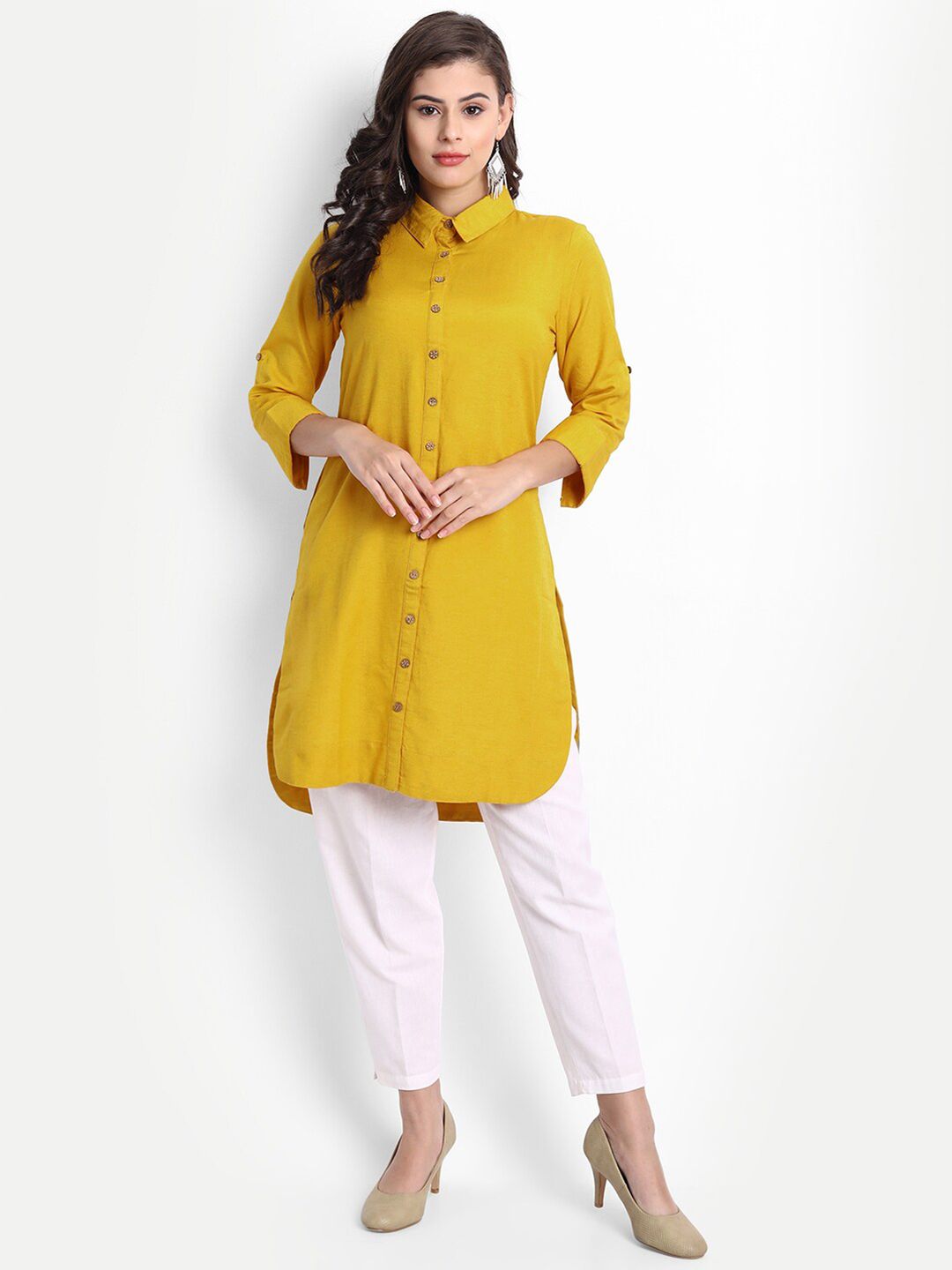 fabGLOBAL Mustard Shirt Collar Tunic Price in India