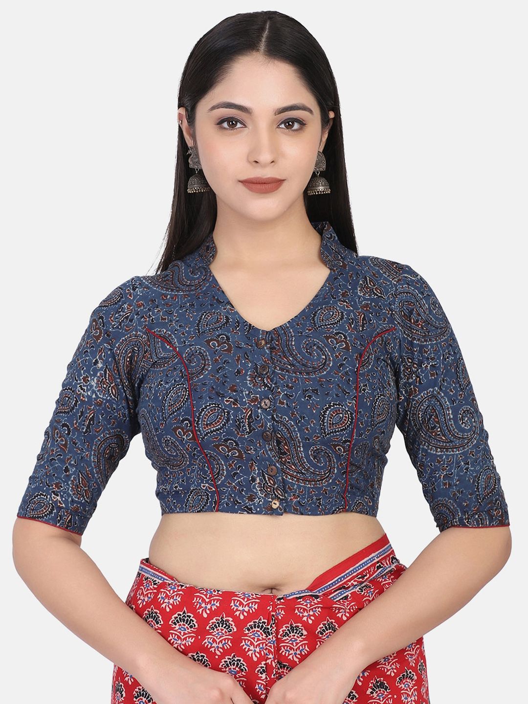 THE WEAVE TRAVELLER Blue & Maroon Hand Block Printed Cotton Saree Blouse Price in India