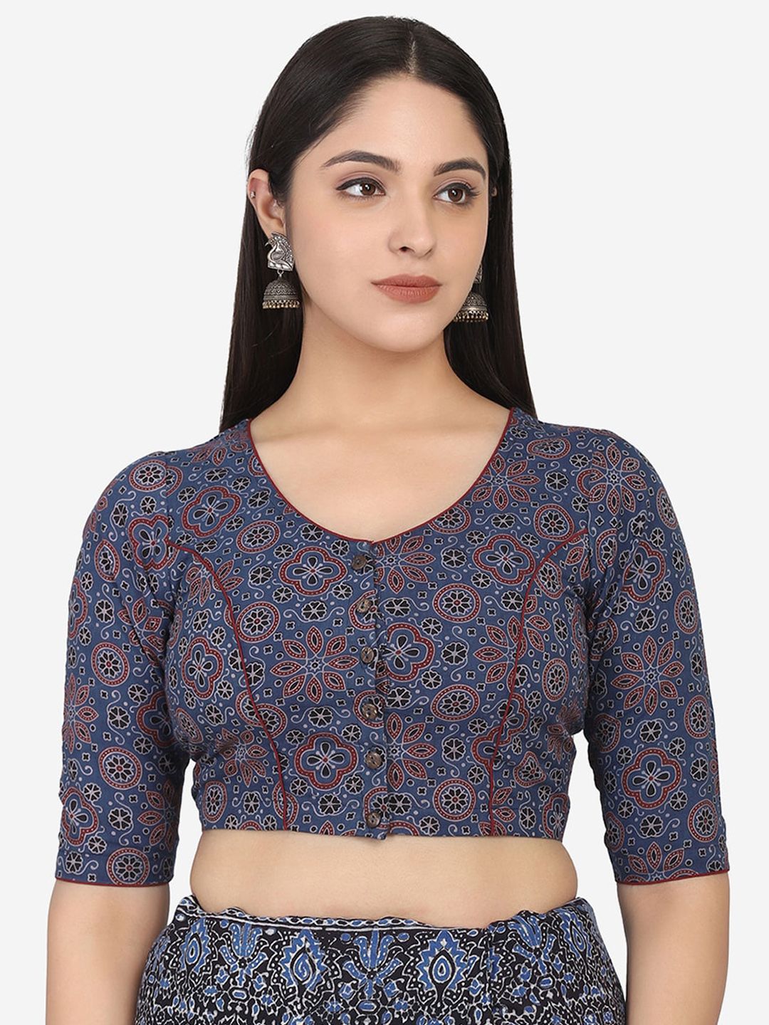 THE WEAVE TRAVELLER Blue & Red Ajrakh Block Printed Cotton Ready To Wear Saree Blouse Price in India