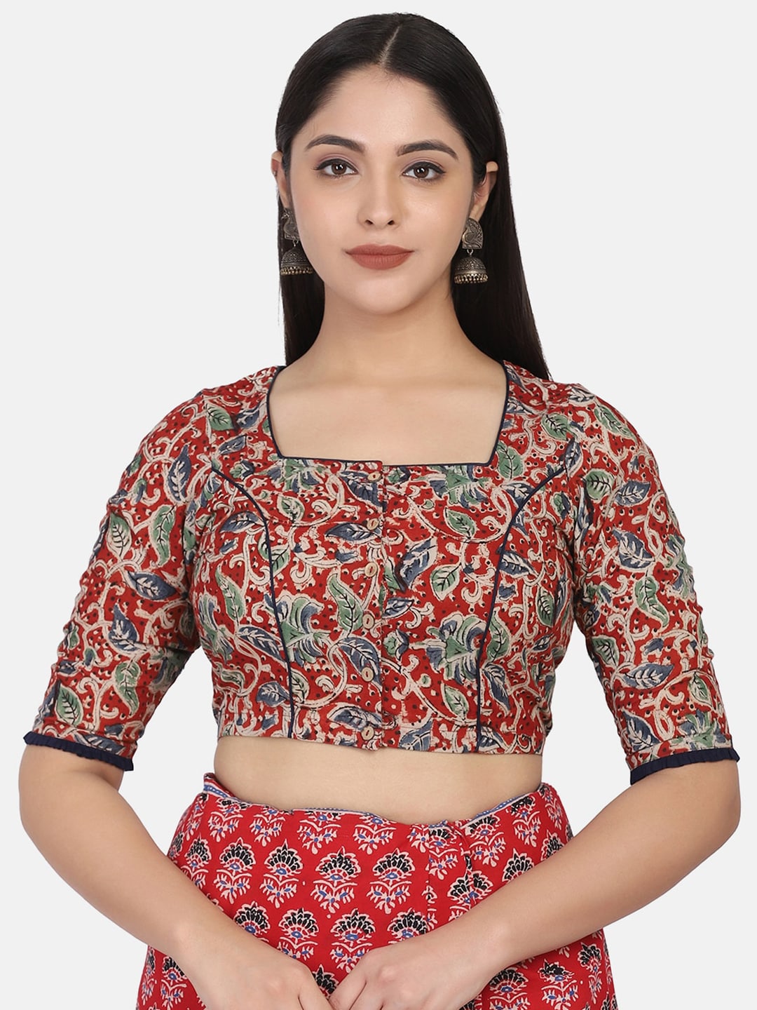 THE WEAVE TRAVELLER Women Red Hand Blocked Kalamkari Cotton Ready To Wear Blouse Price in India
