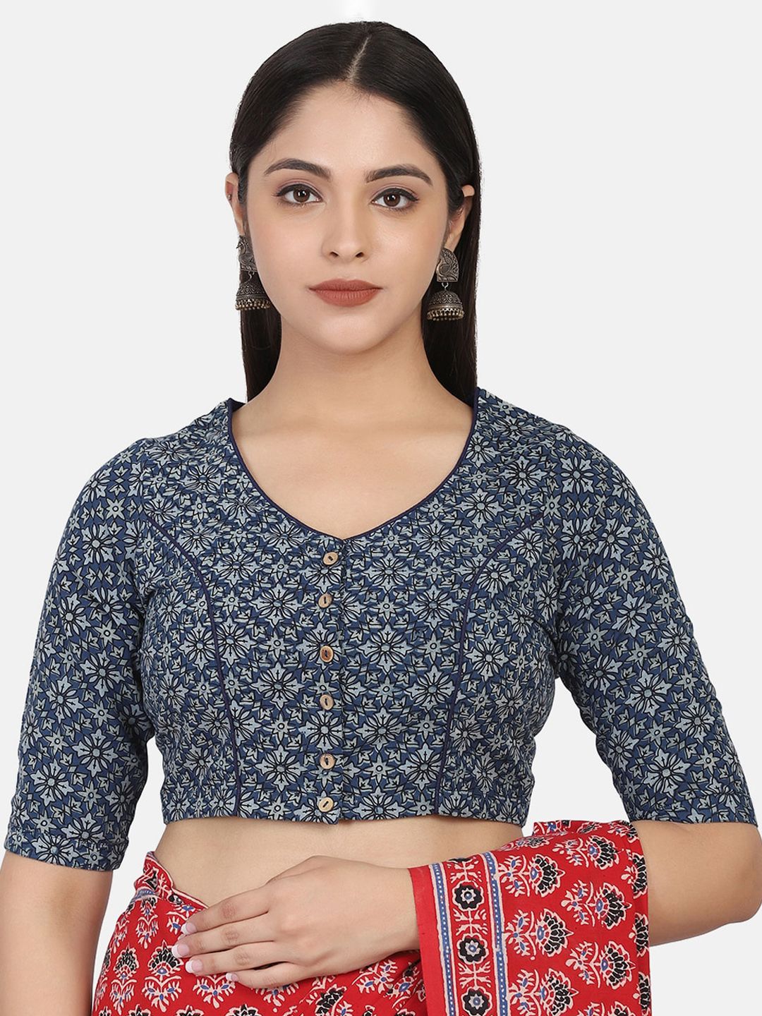 THE WEAVE TRAVELLER Women Blue & Grey Ajrakh Block Printed Cotton Ready To Wear Saree Blouse Price in India