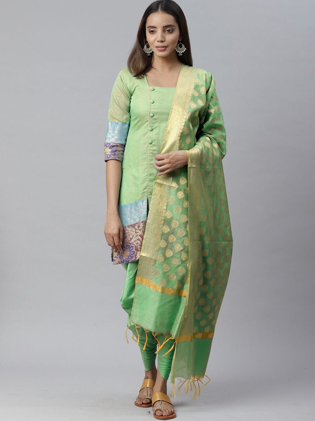 Chhabra 555 Lime Green & Gold-Toned Banarasi Unstitched Dress Material Price in India
