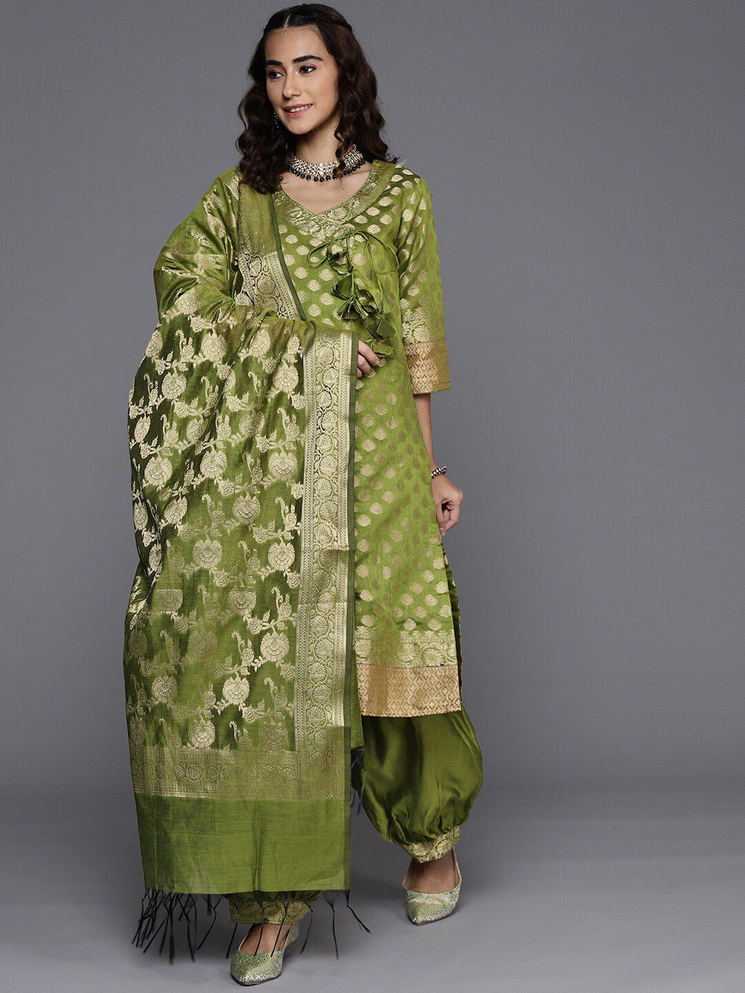 Chhabra 555 Green & Gold-Toned Banarasi Weaving Unstitched Dress Material Price in India