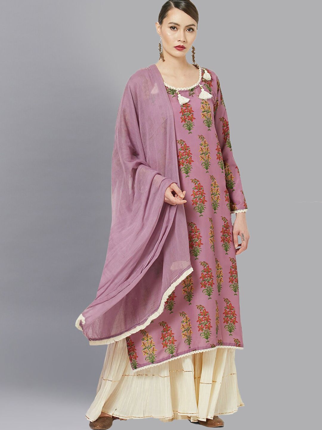 Chhabra 555 Purple & Cream-Coloured Printed Semi-Stitched Dress Material Price in India