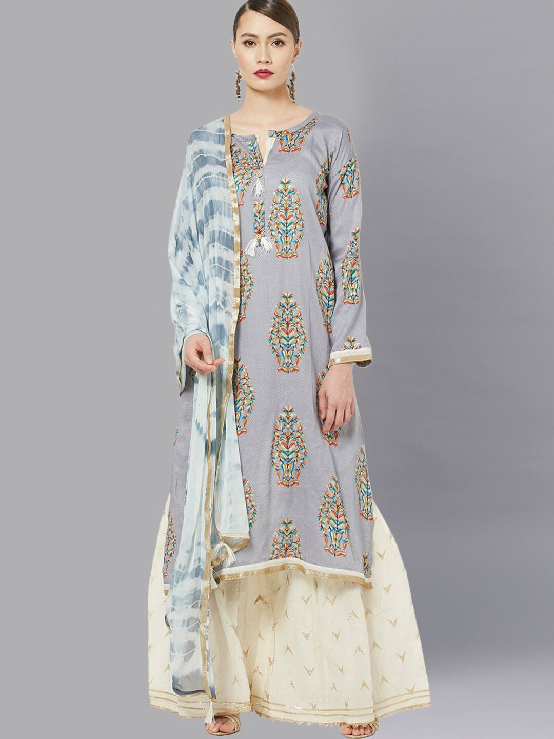 Chhabra 555 Grey & Off White Embellished Semi-Stitched Dress Material Price in India