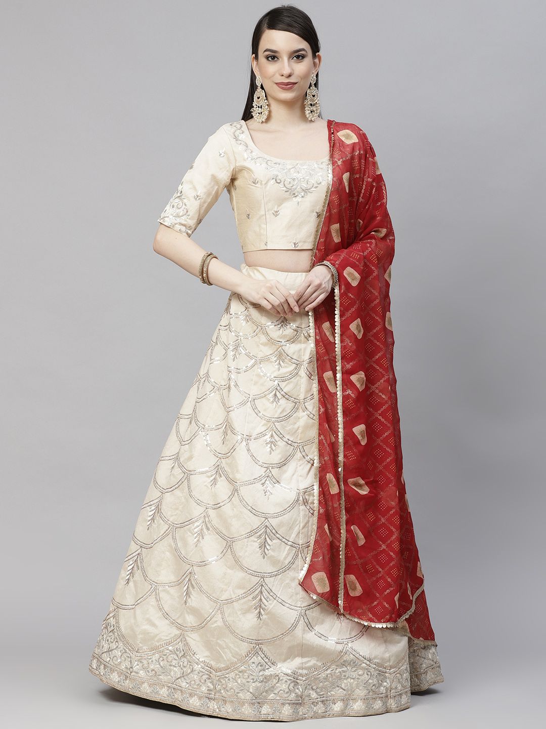 SHUBHKALA Beige & Red Embroidered Thread Work Semi-Stitched Lehenga & Unstitched Blouse With Dupatta Price in India