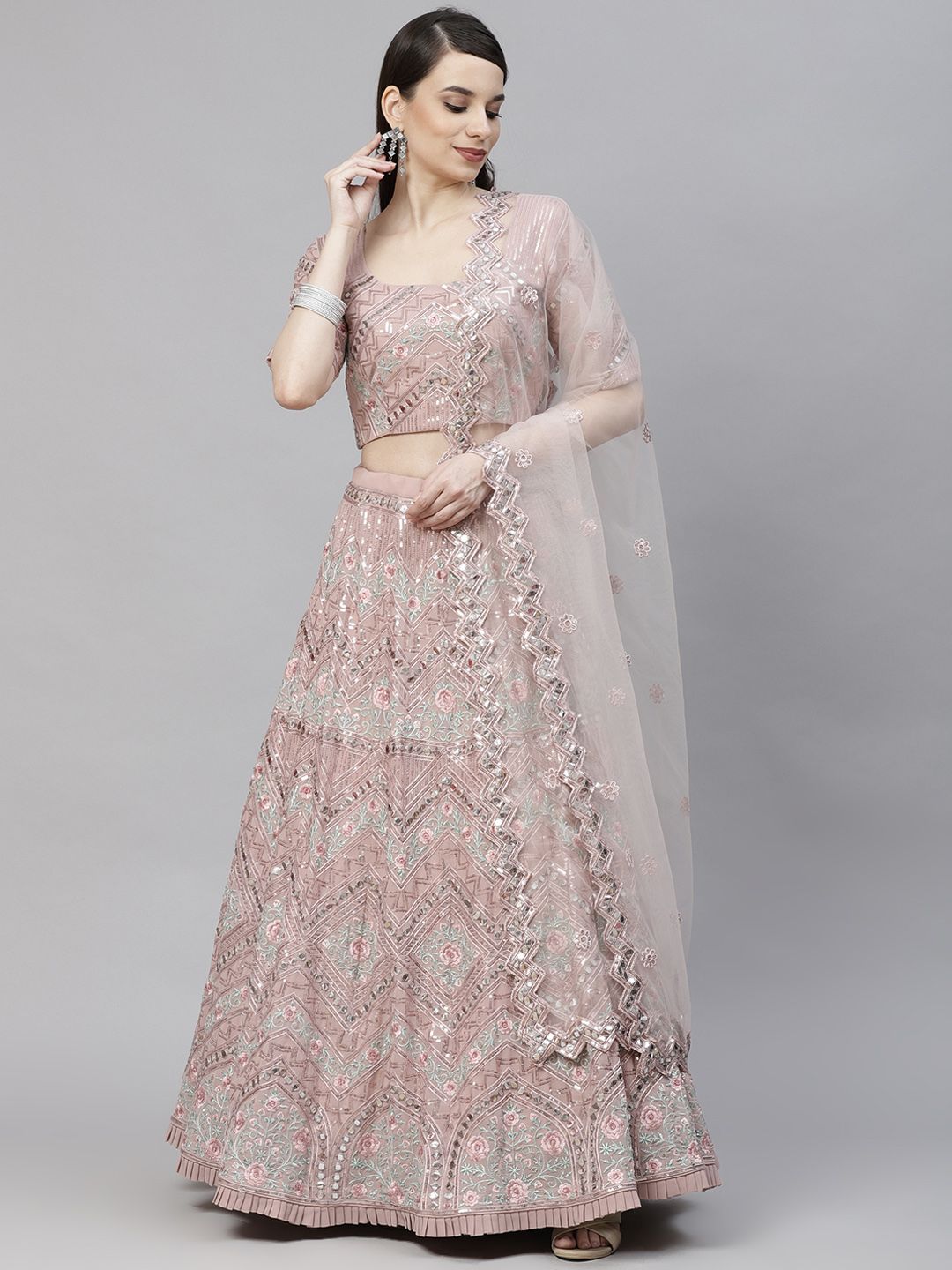 SHUBHKALA Pink & Embroidered Sequinned Semi-Stitched Lehenga & Unstitched Blouse With Dupatta Price in India