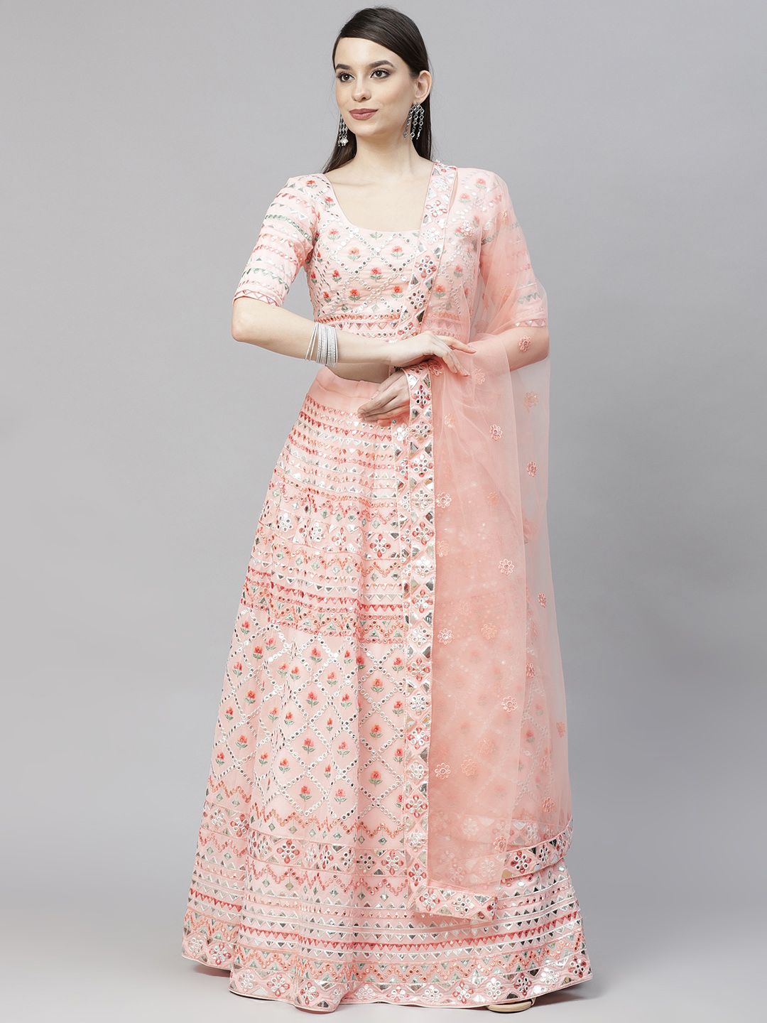 SHUBHKALA Pink & Embroidered Mirror Work Semi-Stitched Lehenga & Unstitched Blouse With Dupatta Price in India