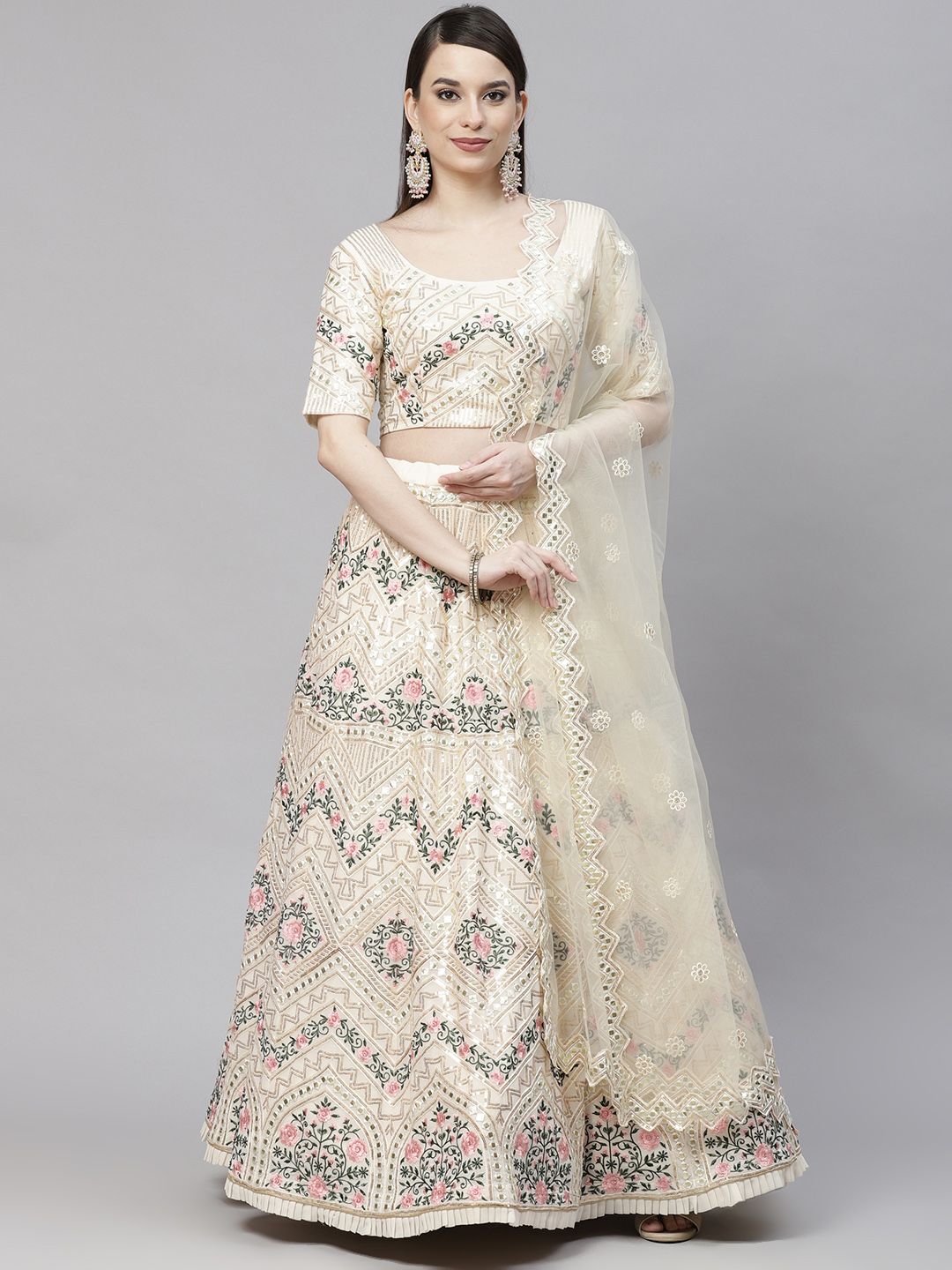 SHUBHKALA Off White & Embroidered Sequinned Semi-Stitched Lehenga & Unstitched Blouse With Dupatta Price in India