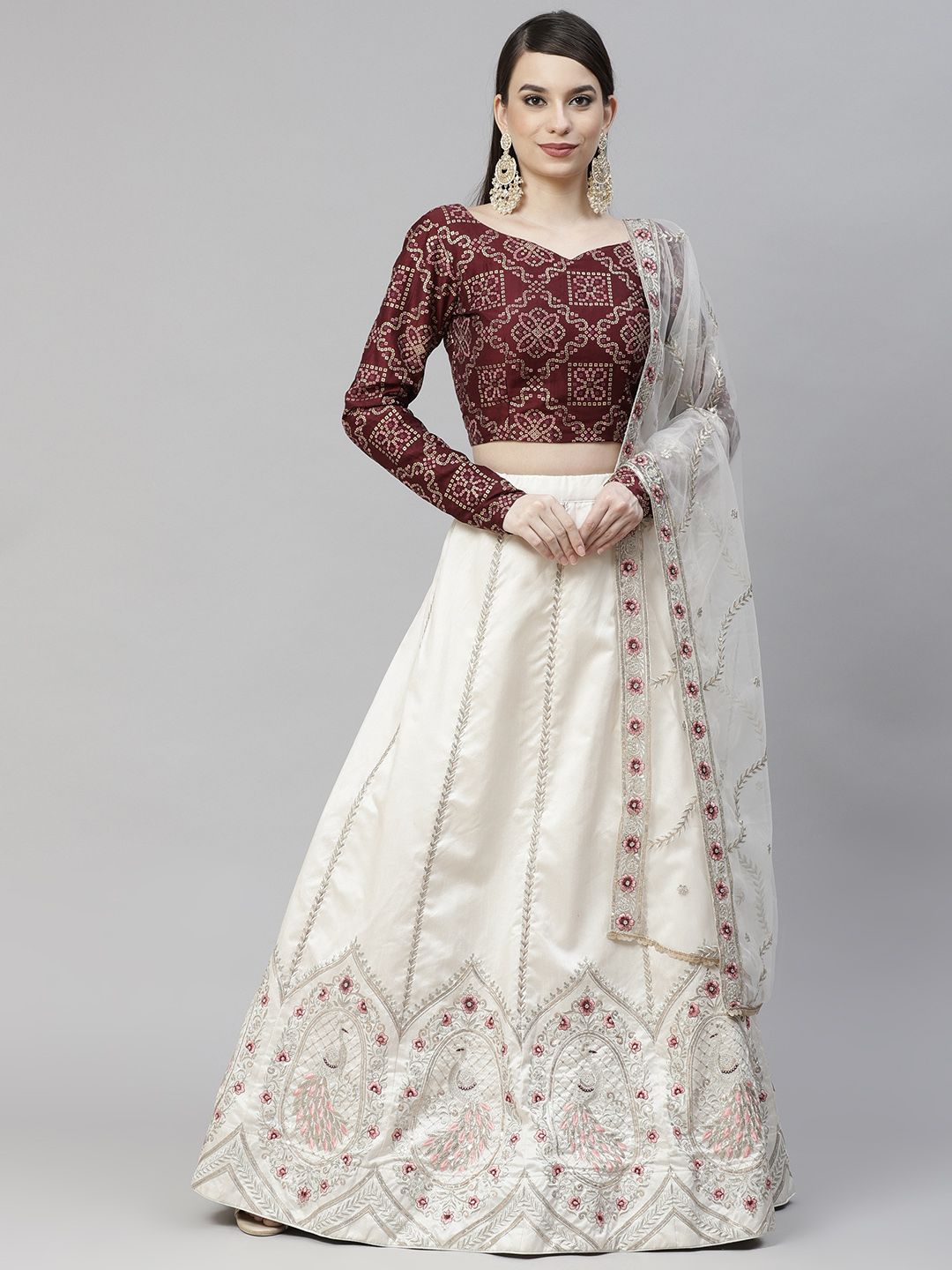 SHUBHKALA White & Maroon Embroidered Sequinned Semi-Stitched Lehenga & Unstitched Blouse With Dupatta Price in India