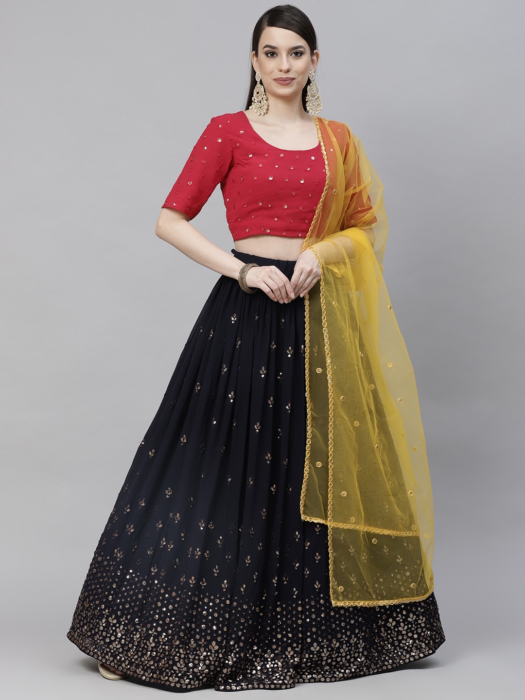 SHUBHKALA Navy Blue & Red Embroidered Sequinned Semi-Stitched Lehenga & Unstitched Blouse With Dupatta Price in India