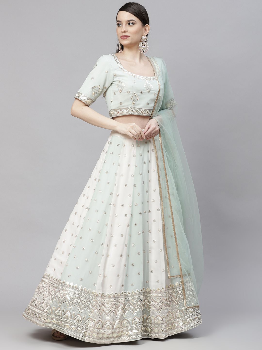 SHUBHKALA Green & Gold-Toned Embroidered Sequinned Semi-Stitched Lehenga & Unstitched Blouse With Dupatta Price in India