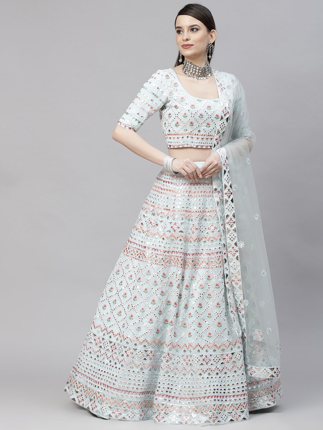 SHUBHKALA Turquoise Blue Embroidered Thread Work Semi-Stitched Lehenga & Unstitched Blouse With Dupatta Price in India