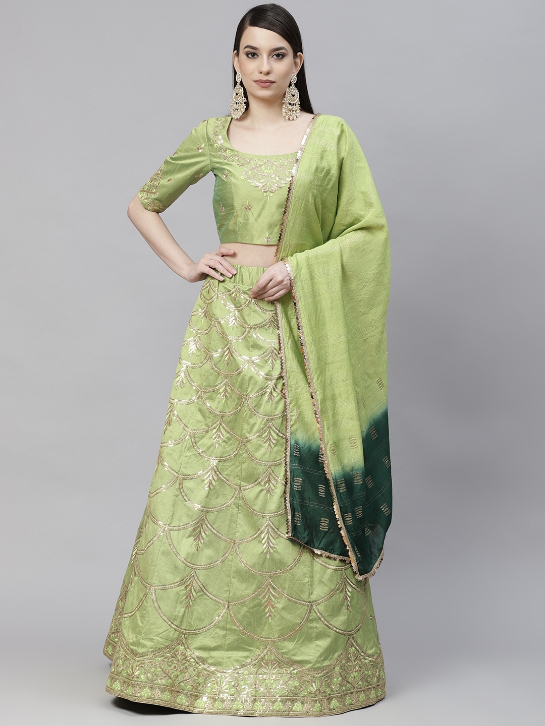 SHUBHKALA Fluorescent Green Embroidered Sequinned Semi-Stitched Lehenga & Unstitched Blouse With Dupatta Price in India