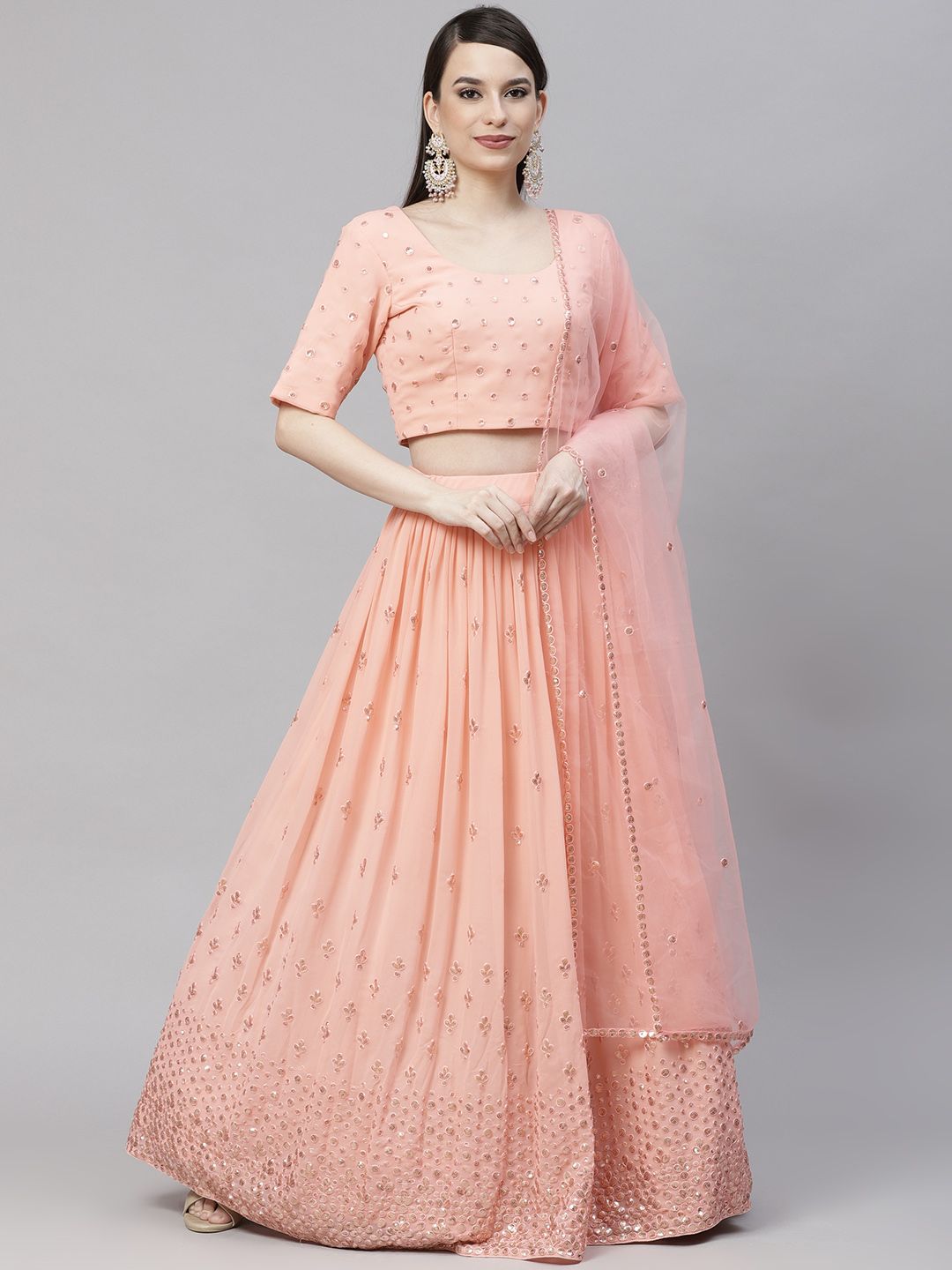 SHUBHKALA Peach-Coloured & Embroidered Sequinned Semi-Stitched Lehenga & Unstitched Blouse With Dupatta Price in India