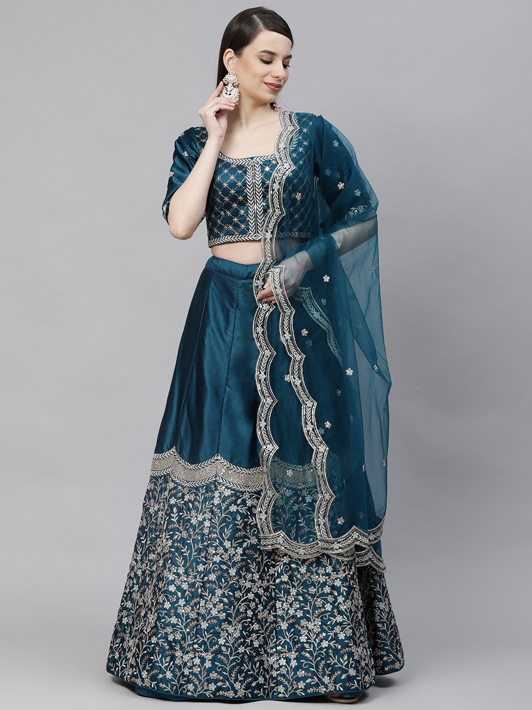 SHUBHKALA Teal Embroidered Sequinned Semi-Stitched Lehenga & Unstitched Blouse With Dupatta Price in India