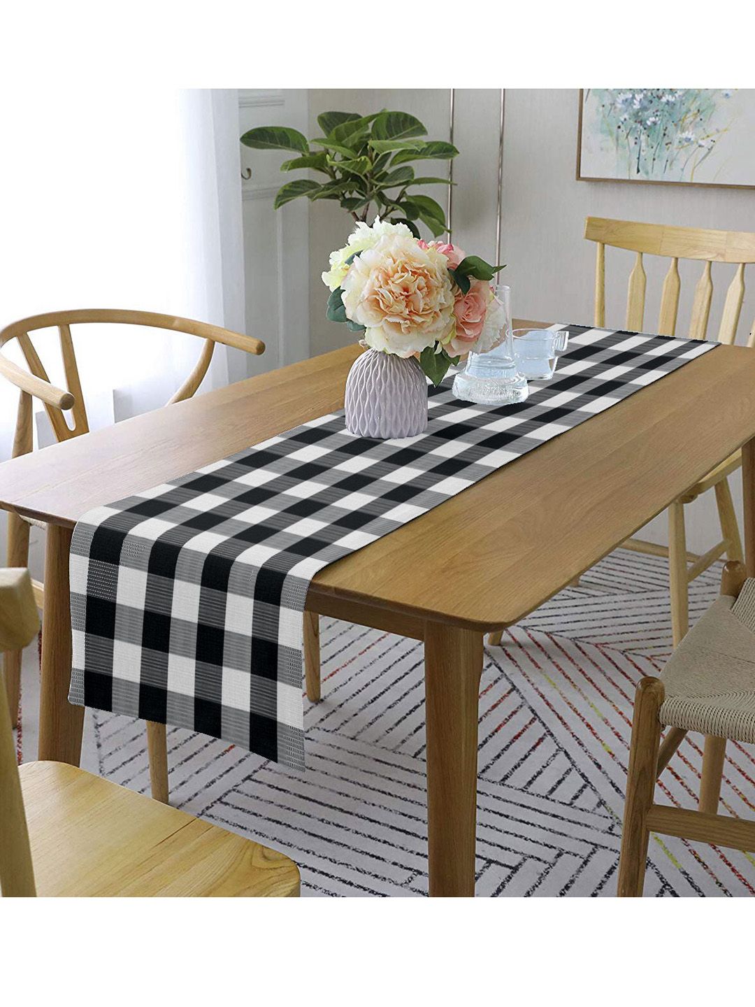 Lushomes Black & White Buffalo Checked Pure Cotton Table Runner Price in India