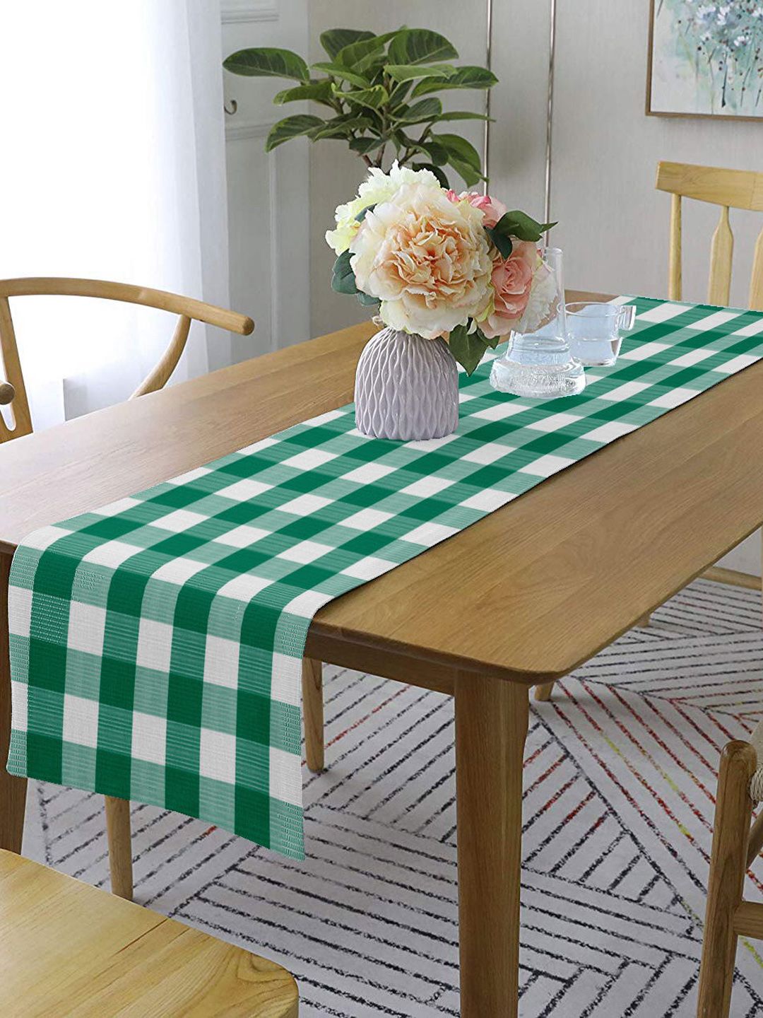 Lushomes Green & White Checked Table Runner Price in India