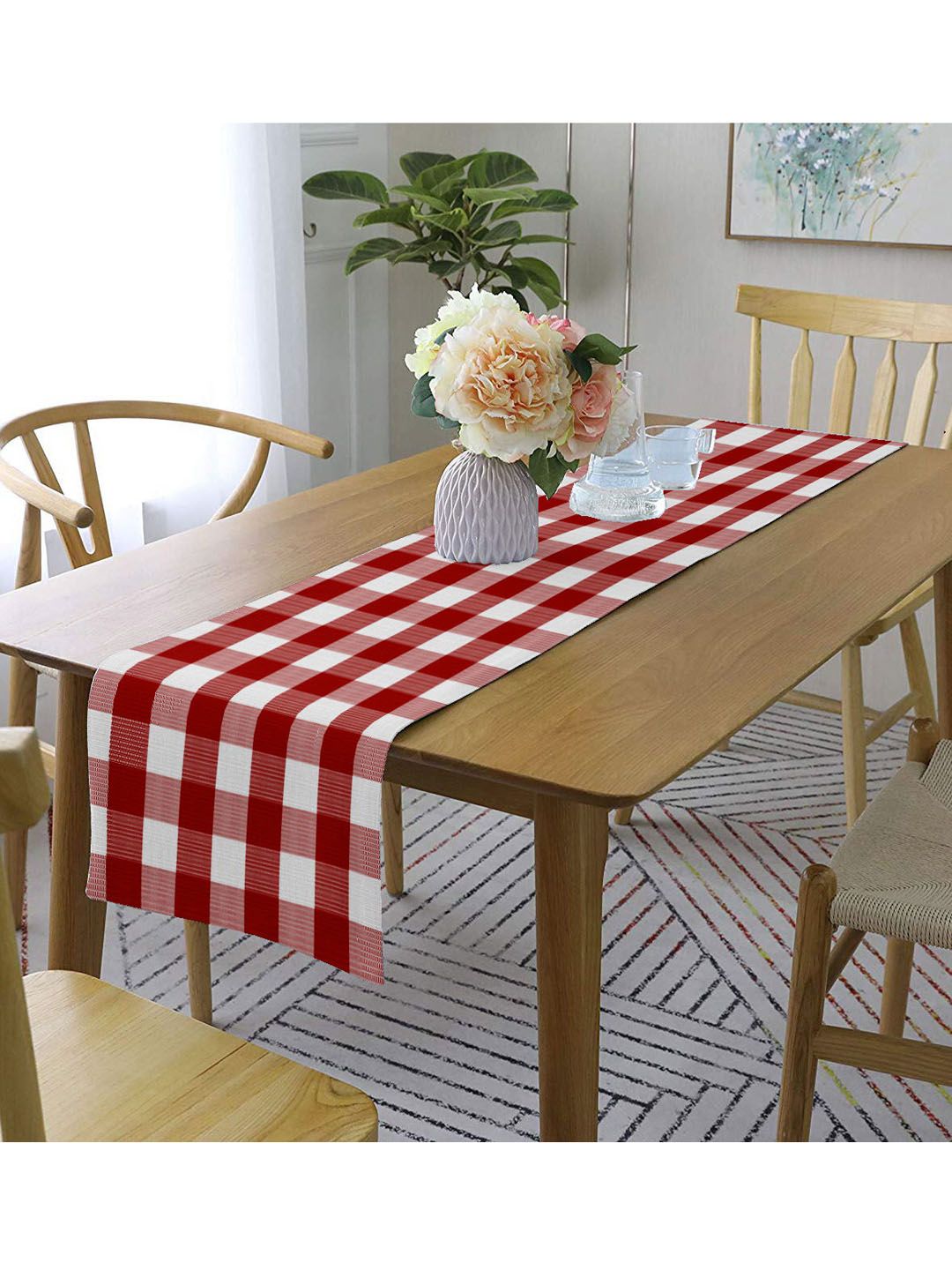 Lushomes Red & White Checked Pure Cotton Table Runner Price in India
