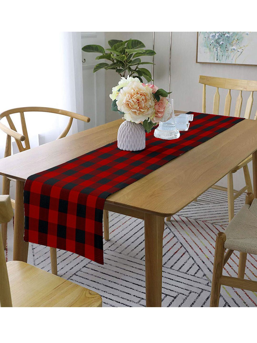 Lushomes Red & Navy Blue Checked Pure Cotton Table Runner Price in India