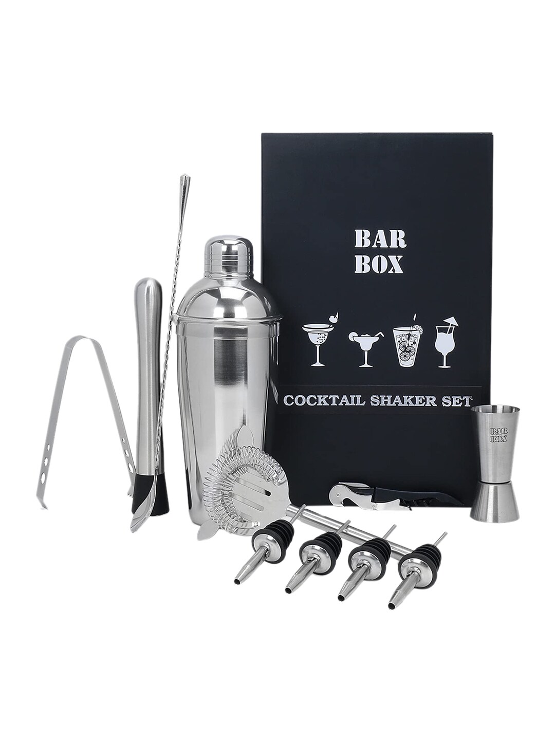 BAR BOX Set Of 11 Silver-Toned Bar Accessories Price in India