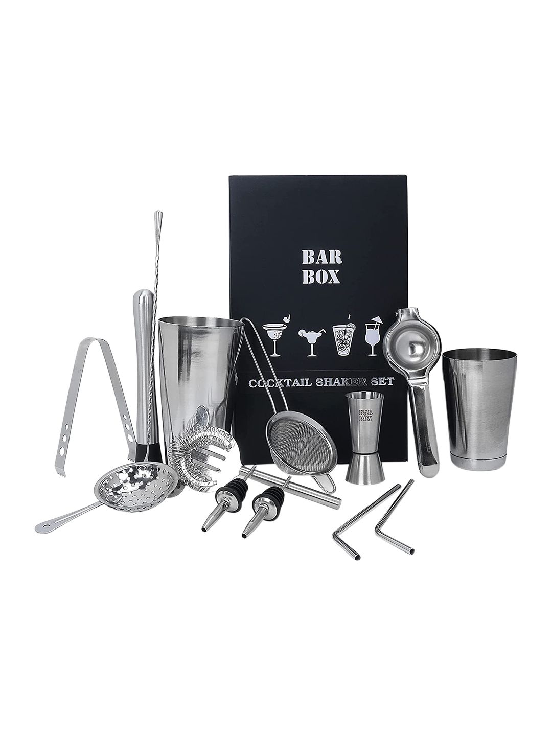 BAR BOX Silver-Toned 14-Pcs Cocktail Shaker Set Price in India