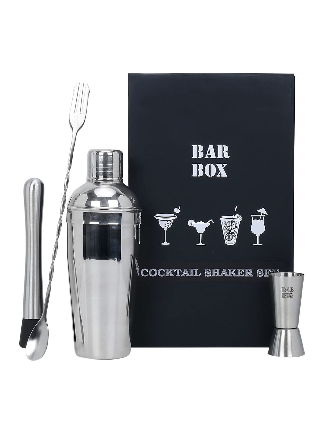 BAR BOX Silver-Toned Solid Set of 5 Cocktail Shaker Price in India