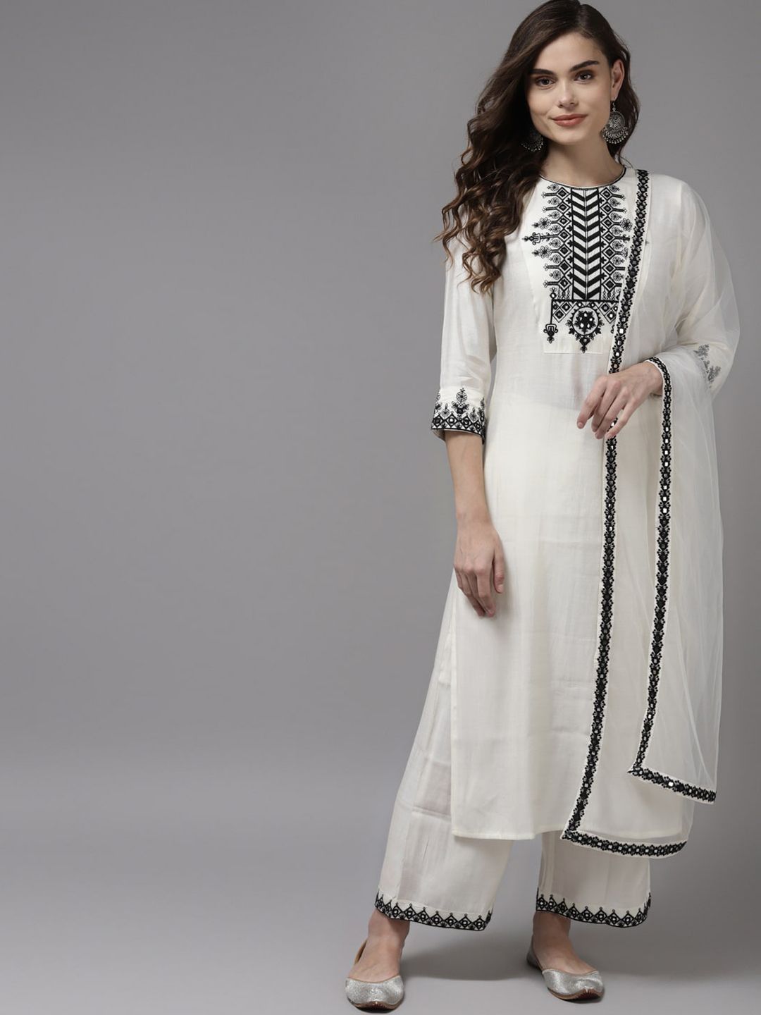 Indo Era Women White Yoke Design Regular Kurta with Palazzos & With Dupatta Price in India