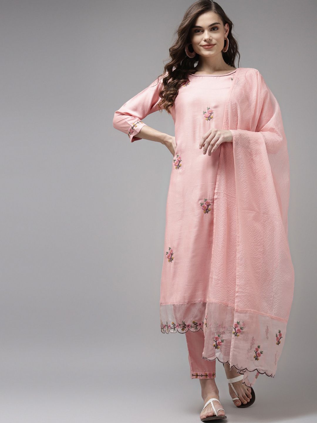 Indo Era Women Pink Floral Embroidered Kurta with Palazzos & With Dupatta Price in India