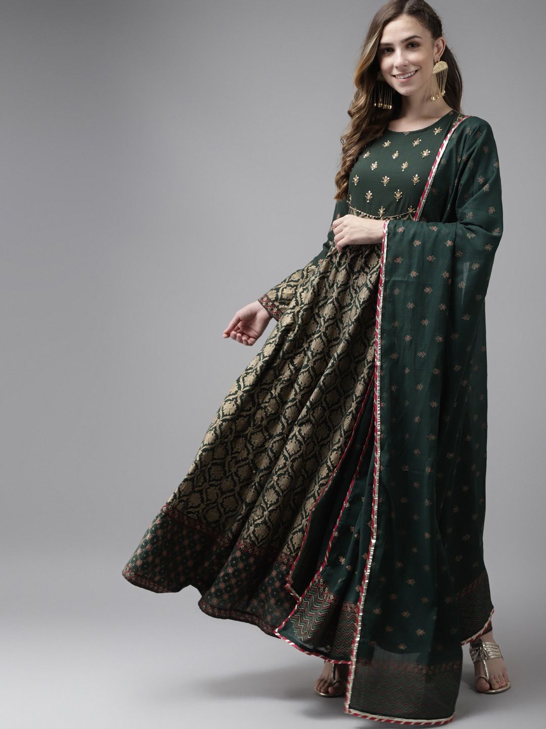 Indo Era Women Green Ethnic Motifs Embroidered Regular Kurta with Trousers & Dupatta Price in India