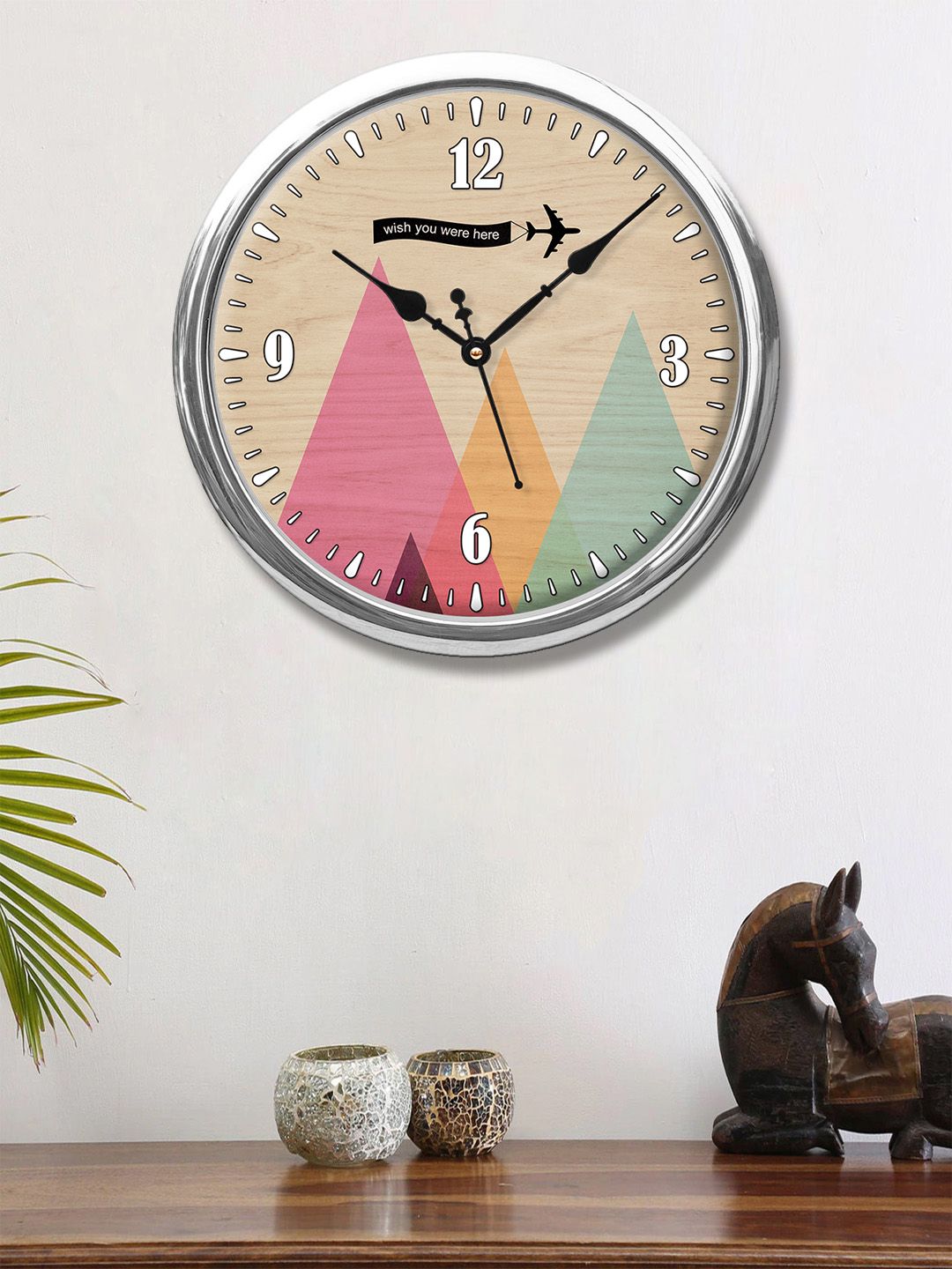 999Store Brown Abstract Triangles Printed Round Analogue Wall Clock Price in India