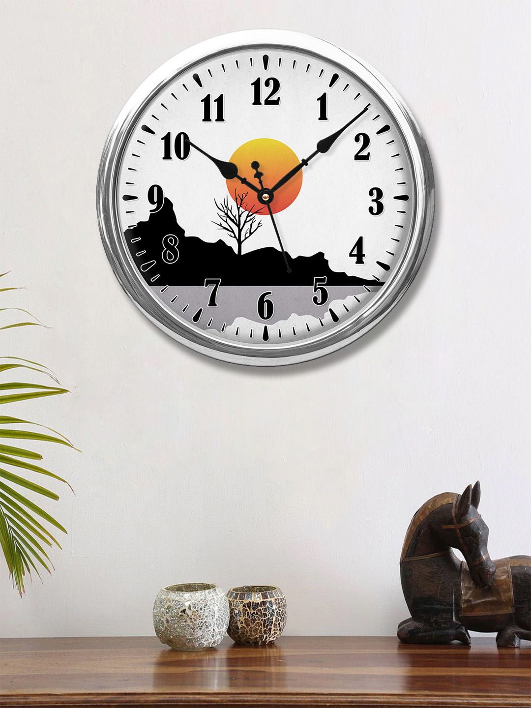999Store White Round Sunset Mountains Printed Analogue Wall Clock Price in India