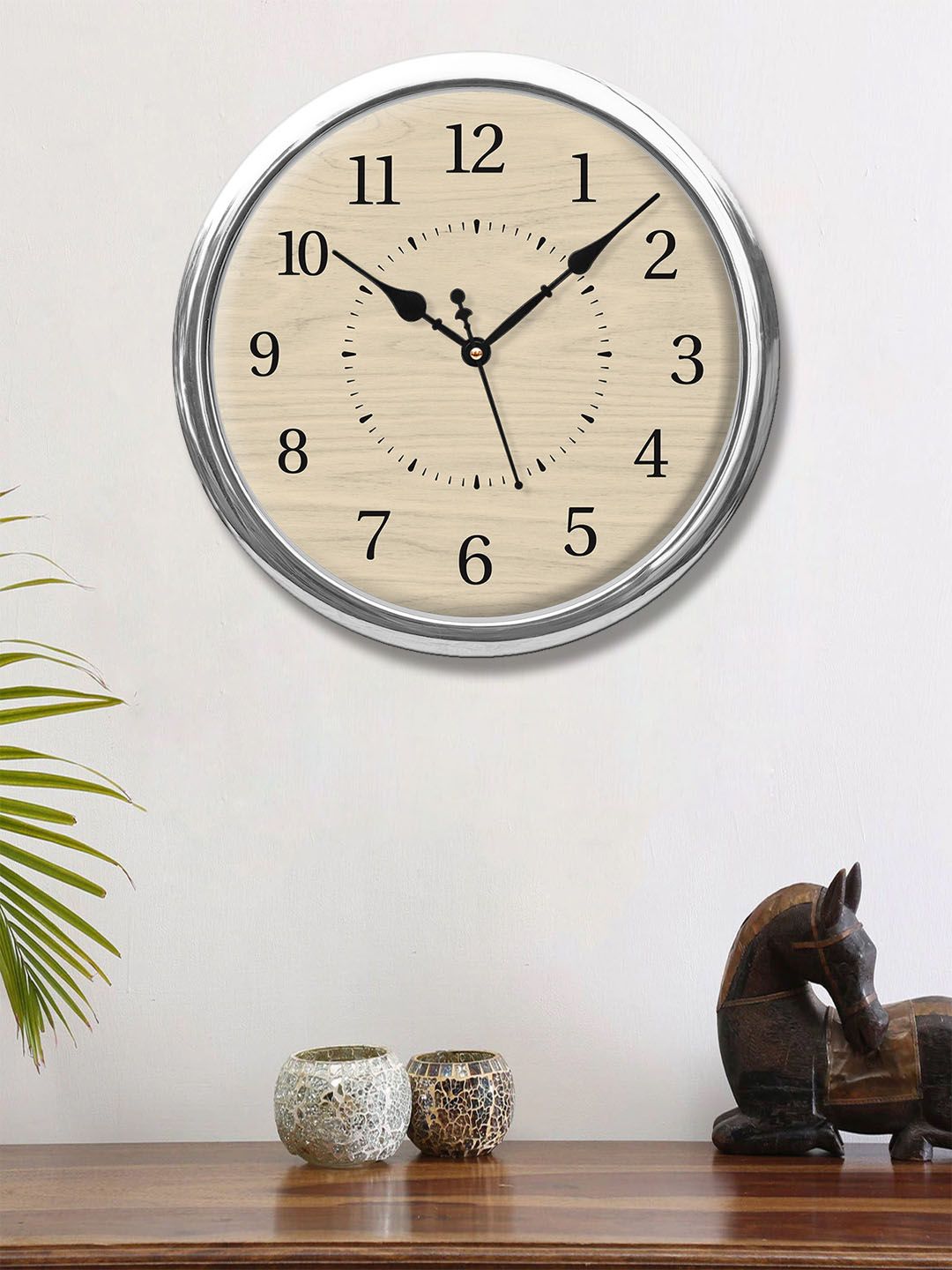 999Store Beige & Silver-Toned Wood Texture Printed Contemporary Wall Clock 30 cm Price in India