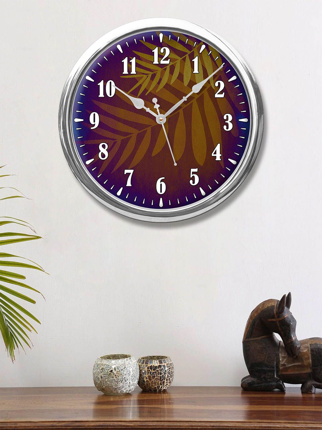 999Store Blue & Brown Leaves Vintage Textured Printed Contemporary Round Wall Clock Price in India
