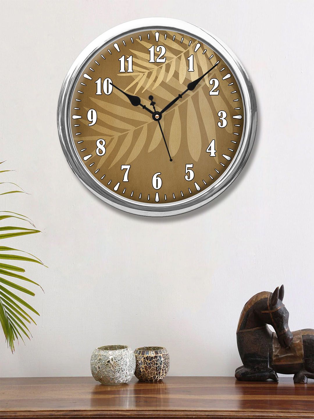 999Store Brown & Beige Leaves Printed Contemporary Round Wall Clock Price in India