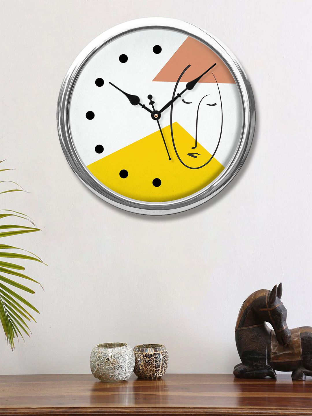 999Store White & Yellow Abstract One Line Face Printed Contemporary Round Wall Clock Price in India