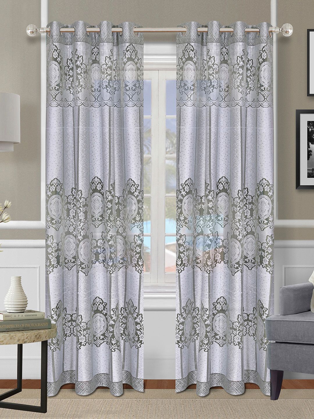 ROMEE Set Of 2 Silver-Toned & Green Floral Design Sheer Door Curtain Price in India