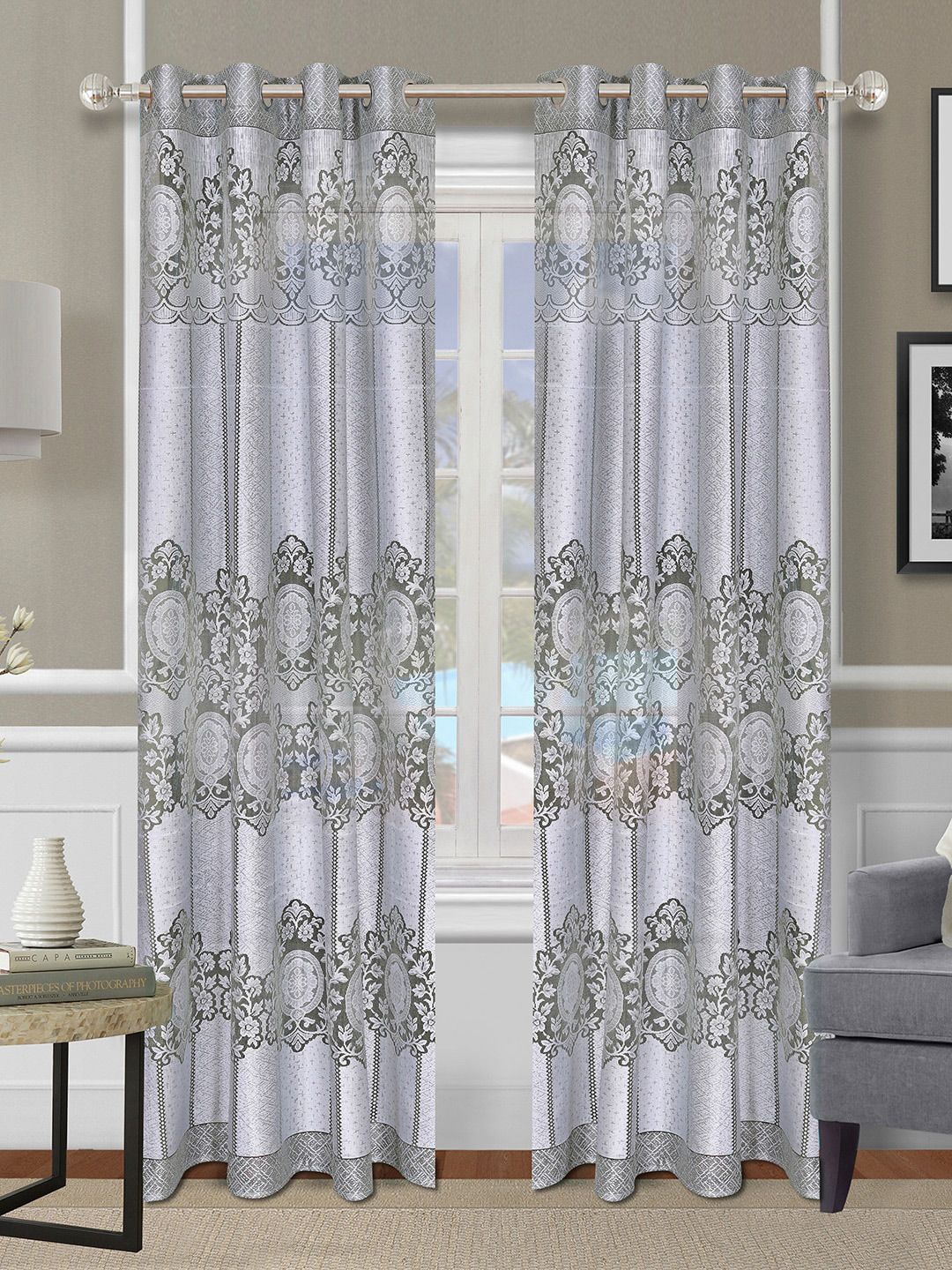 ROMEE Silver-Toned & White Set of 2 Floral Sheer Long Door Curtain Price in India