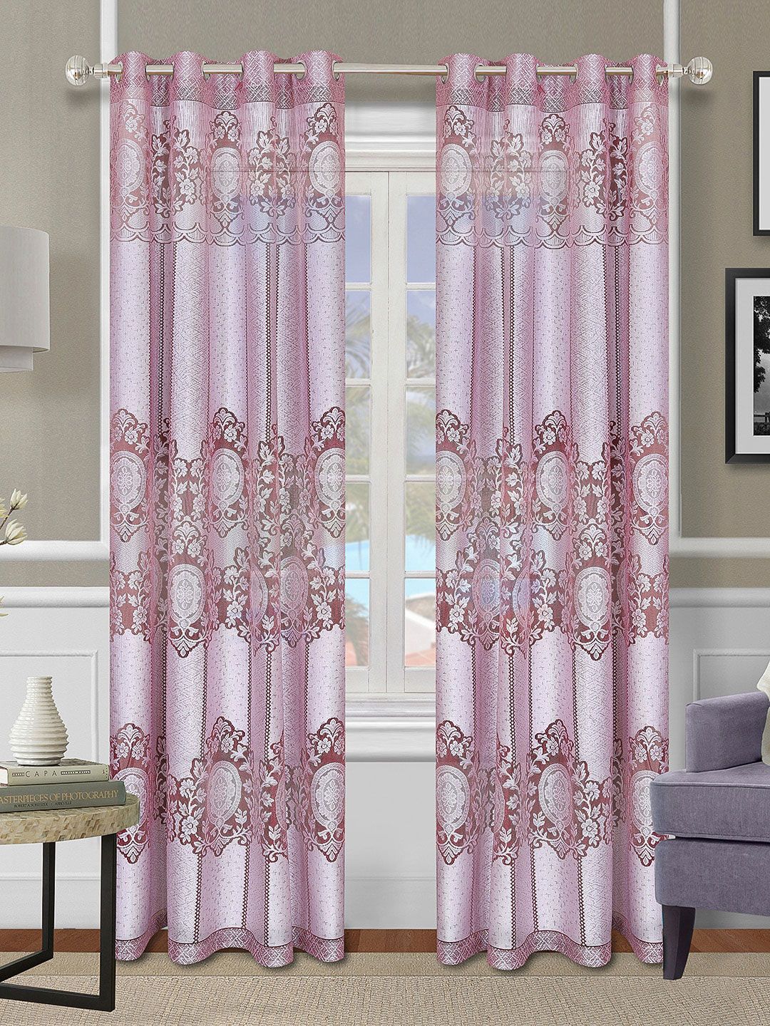 ROMEE Maroon & Silver-Toned Set of 2 Ethnic Motifs Semi Sheer Long Door Curtains Price in India