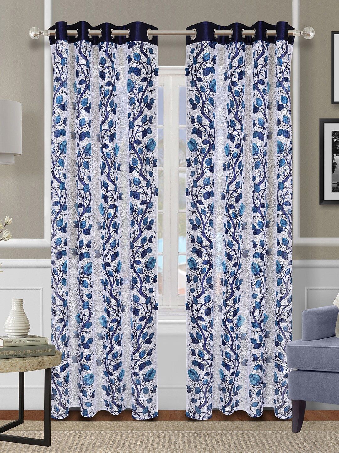 ROMEE Off White & Blue Set of 2 Floral Sheer Long Door Curtain Price in India